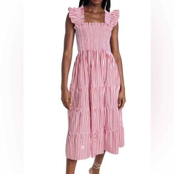Women’s Red Stripe Midi Dress with Smocked Bodice - Picture 7 of 12